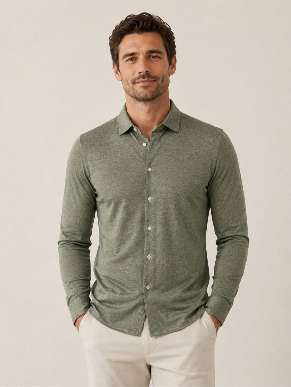 NEW Stenstroms Cotton Knit Button Down Slim Fit Shirt Green Heather Sz Lg NWT